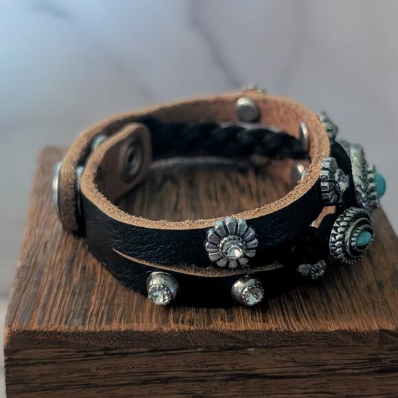 Chunky Statement Bracelet Western Theme Black, Silver Tone, Blue - Picture 4 of 7
